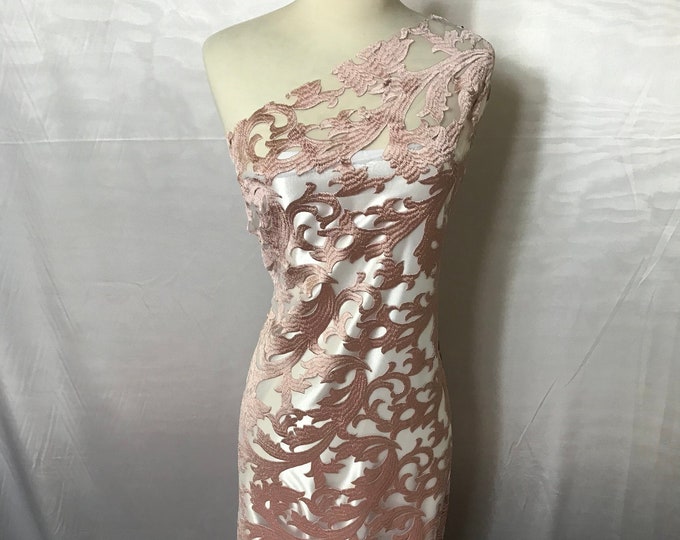 Dusty Rose Bridal Design Mesh Lace Fabric Sold By the Yard Wedding Prom Transparent Dresses, Decorations, Veil, Night gowns, and Tablecloths