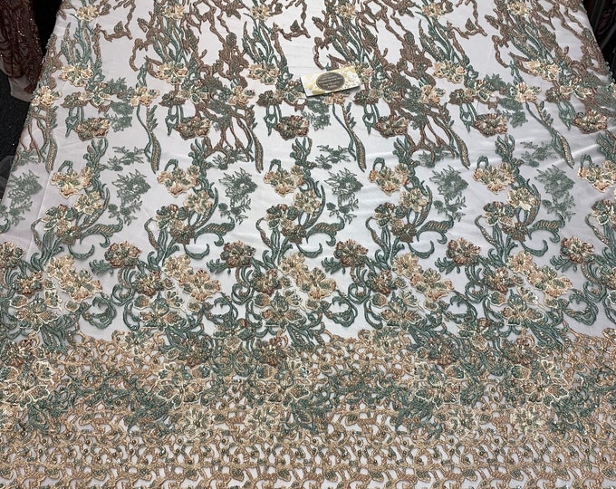 ITALIAN Design/ Floral Beaded Lace/Flower Mesh Lace Embroidery Fabric (By The Yard) Hand Beaded Lace (Peach, Sage, Brown) Wedding Prom Dress