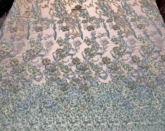 ITALIAN Design/ Floral Beaded Lace/Flower Mesh Lace Embroidery Fabric (By The Yard) Hand Beaded Lace (Mint,Blue Color) Wedding Prom Dress