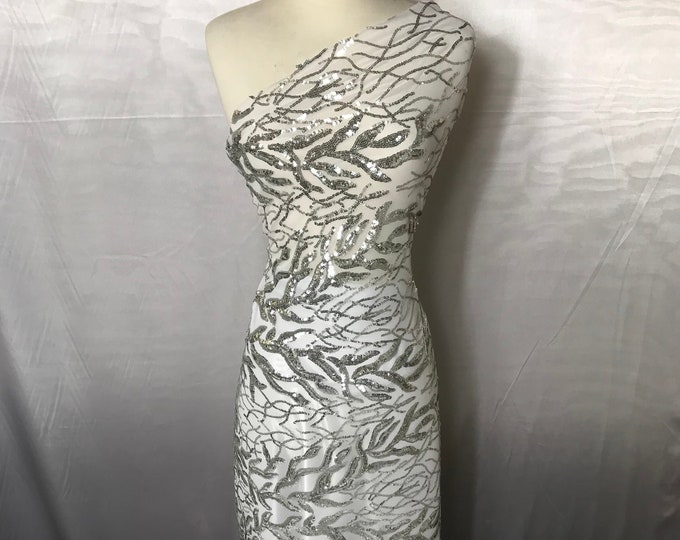 NEW White/Silver 4 WAY STRETCH Sequins On A Mesh Lace By The Yard.Wedding Prom dresses Tablecloths,Decoration,fashion Embroidery Night gowns