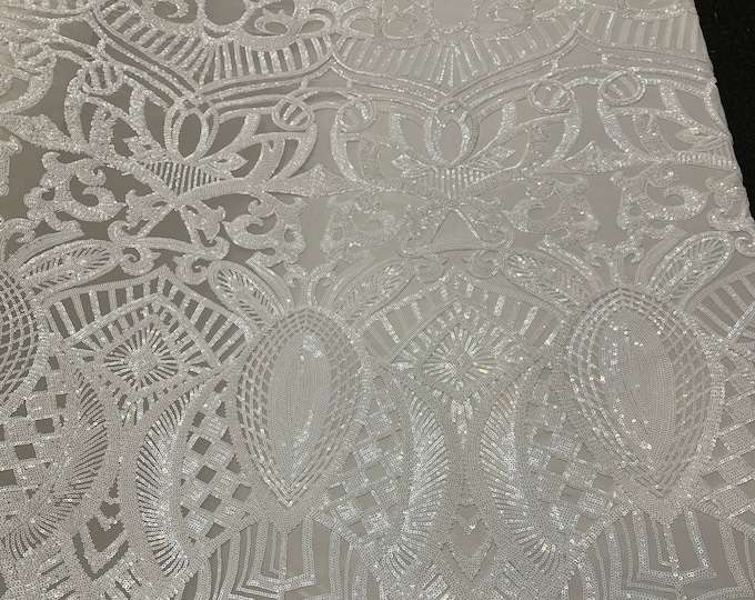 LONDON Design/ (White) Spandex Sequins 4 Way Stretch Geometric Mesh Lace Fabric By The Yard/Embroidery Sequins For Wedding Dress/Bridal Lace