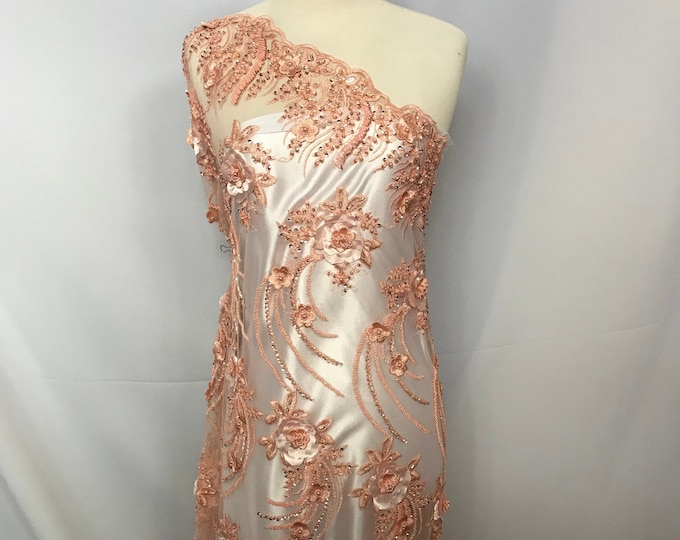 Peach Design Beaded Transparent Wedding Prom Dresses By the Yard Mesh Laces Embroidered bridal decorations handmade Fabric Tablecloths