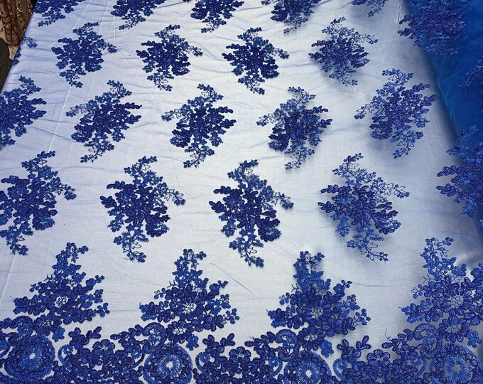 French Design Flower/Floral Mesh Lace (By The Yard)(Half Yard) Embroidery Lace Fabric (Royal Blue)For Tablecloths/ Runners/ Skirts/ Costumes