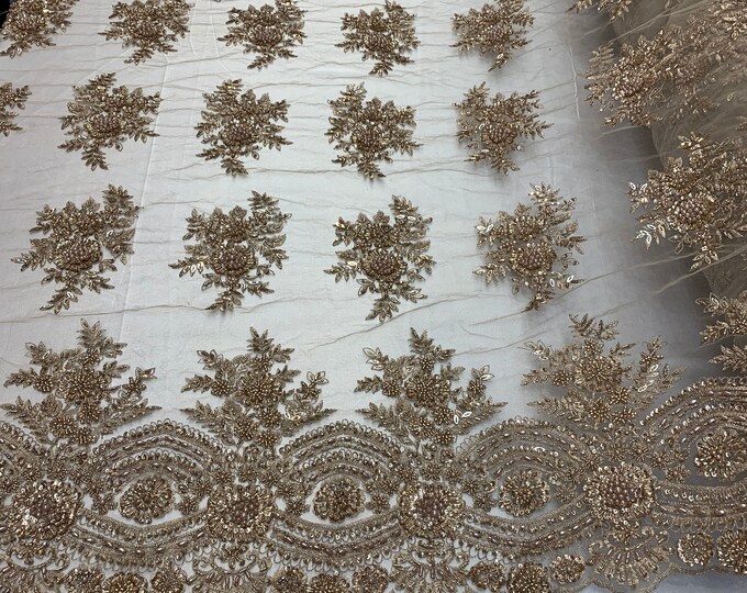 Taupe/DK Gold Hand Beaded Embroidered Floral/Flower Mesh Lace Fabric With Glass Sequins By The Yard, For Decorations/Night Gowns/ Veil Dress