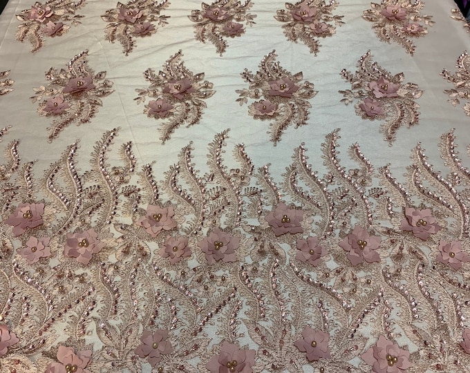 New 3D Beaded Flowers Hand Embroidered Floral Mesh Lace With Sequins By The Yard(Dusty Rose)For Prom Dresses/Tablecloths/Runners/Night Gowns