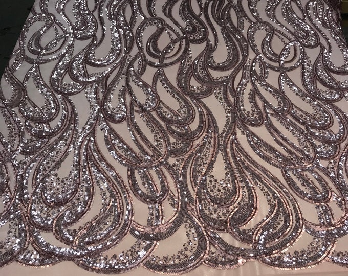 Full Sequins Geometric 4 way Stretch Fabric on mesh lace by the yard(Dusty Rose)used for Fashion apparel,wedding prom dress,tablecloths,veil