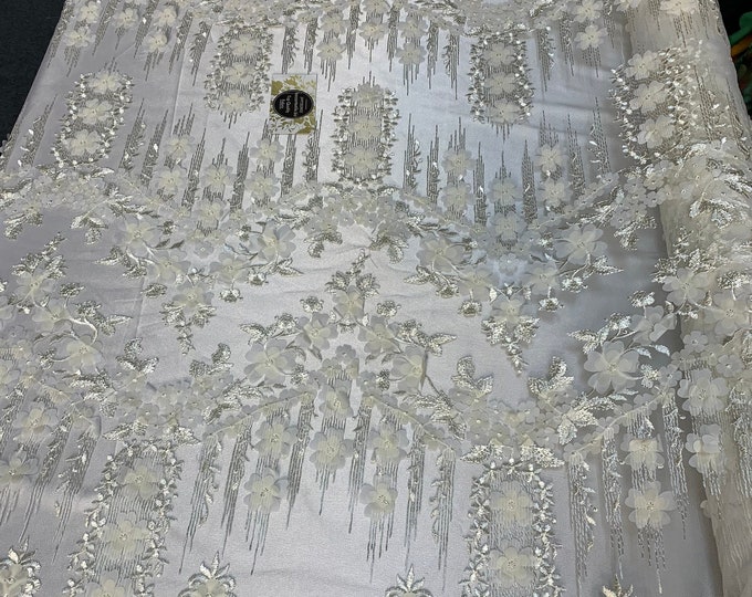 French Lace 3D Flowers/Floral Design/ Embroidered Mesh Lace Fabric By The Yard (Ivory,White) For Tablecloths, Wedding Prom Dress,Night Gowns