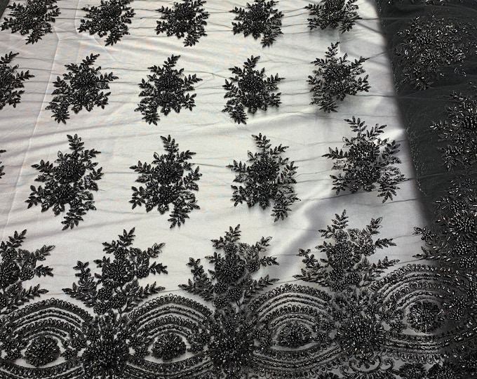 Black Hand Beaded Embroidered Floral/Flower Mesh Lace Fabric With Glass Sequins By The Yard, For Decorations/Night Gowns/ Veil Dress/Runners