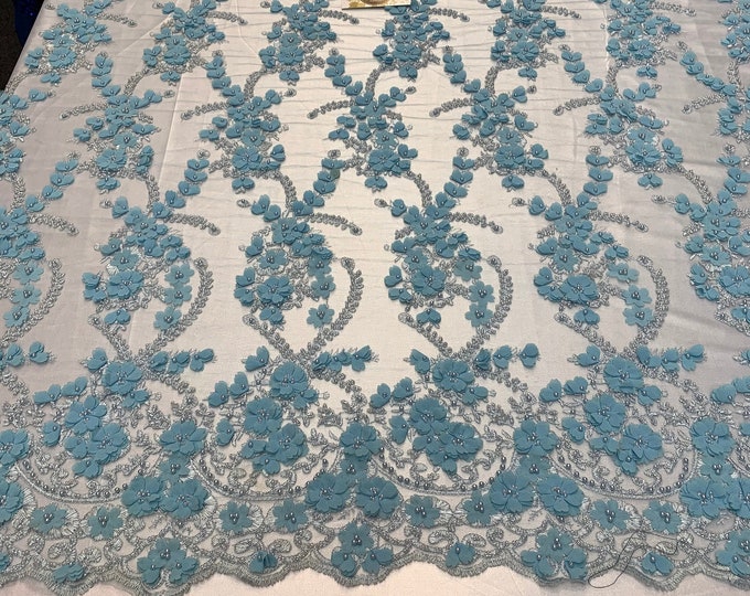 3D Flowers Hand Beaded (Light Blue) Embroidered Fabric Mesh Lace By The Yard Floral Wedding Prom Dress/ Tablecloths/ Night Gowns/ Customs.