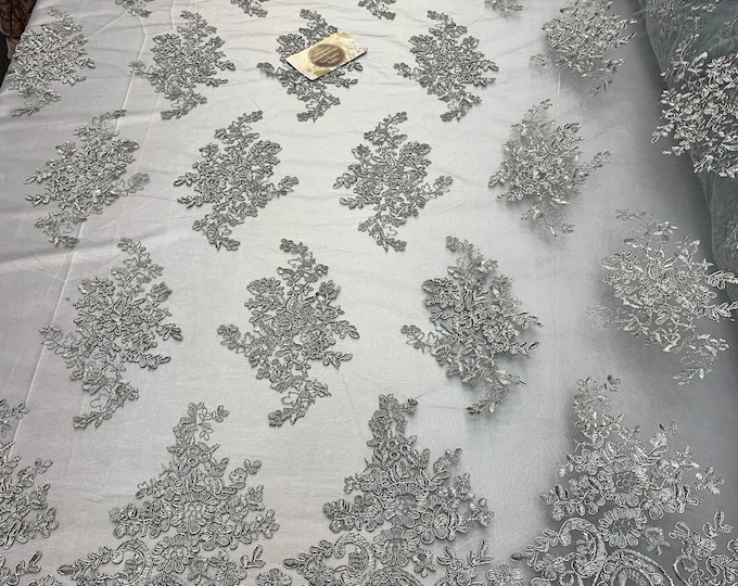 French Design Flower/Floral Mesh Lace (By the Yard)(Half Yard) Embroidery Lace Fabric (Silver) For Tablecloths/ Runners/ Skirts/ Costumes