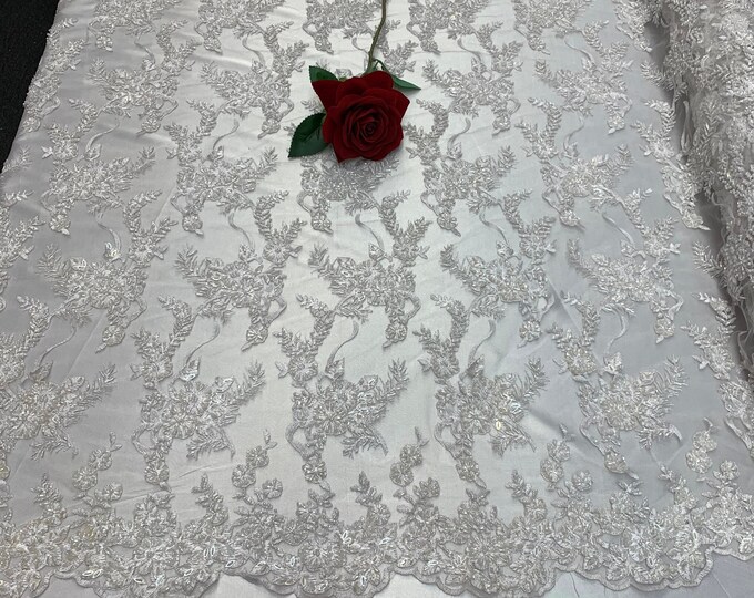 FLORAL Lace By The Yard_ (White) Beaded Mesh Lace Fabric embroidered Flowers Beaded Handmade / Wedding Dresses/Bridal Lace/ Night Gowns