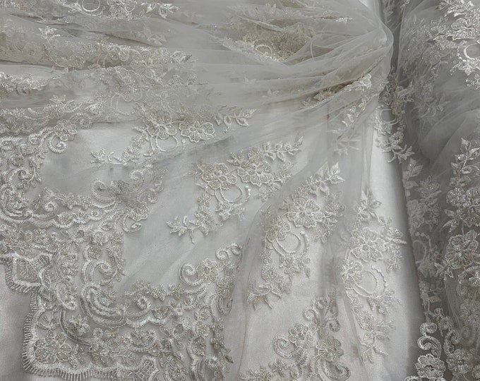 White_ Embroidered French Flowers Mesh Lace Fabric Sold BY The Yard/ HANDMADE Lace Floral Design For Prom Dresses/ Bridal Lace/ Night Gowns