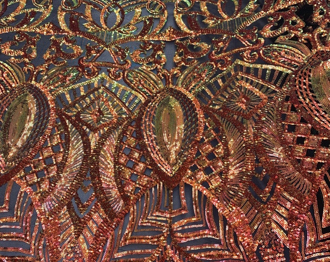LUXURY Iridescent Embroidered 4 Way Stretch Sequins ON A Black Mesh Lace Fabric By The Yard(Orange,Green,Bronze) For Night Gowns,Prom Dress.