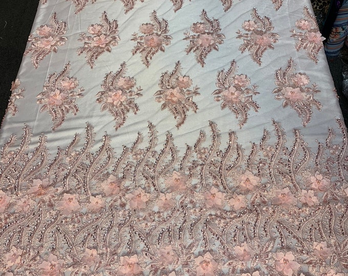New 3D Beaded Flowers Hand Embroidered Floral Mesh Lace With Sequins By The Yard(Light Pink)For Prom Dresses/Tablecloths/Runners/Night Gowns