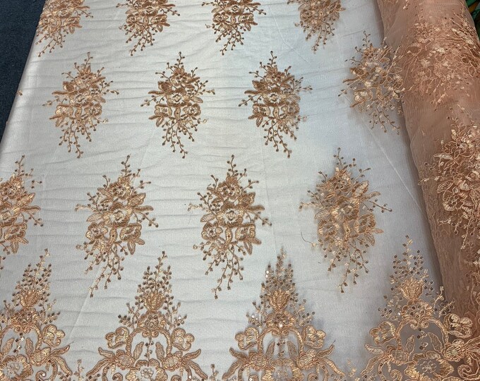 Hand Made Mesh Lace Embroidery Fabric By The Yard (Peach,Blush) Flowers/Floral Lace Soft Mesh For Tablecloths, Runners, Skirts, Costumes