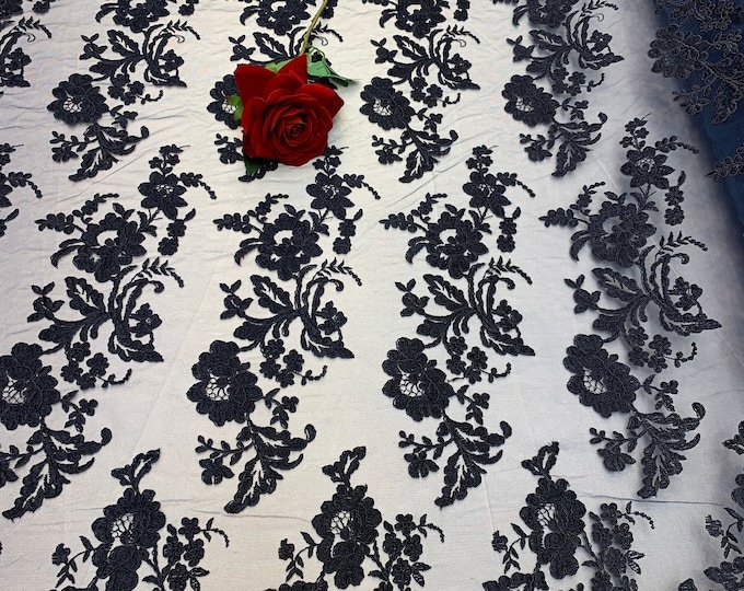 2 WAY Stretch FLOWERS/Mesh Lace Fabric By Yard/Navy Blue Lace/ Embroidered Lace/Floral Lace/For Tablecloths/ Runners/Costumes/Dress/Skirts