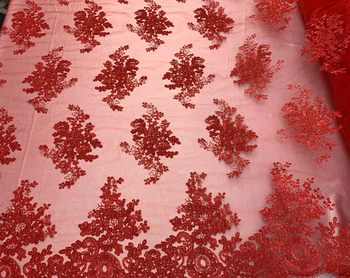 French Design Flower/Floral Mesh Lace (By The Yard)(Half Yard) Embroidery Lace Fabric (Red Color) For Tablecloths/ Runners/ Skirts/ Costumes