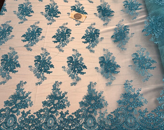 French Design Flower/Floral Mesh Lace (By The Yard)(Half Yard) Embroidery Lace Fabric (Turquoise) For Tablecloths/ Runners/ Skirts/ Costumes