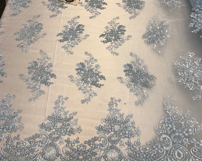 French Design Flower/Floral Mesh Lace (By The Yard)(Half Yard) Embroidery Lace Fabric (Sky Blue) For Tablecloths/ Runners/ Skirts/ Costumes
