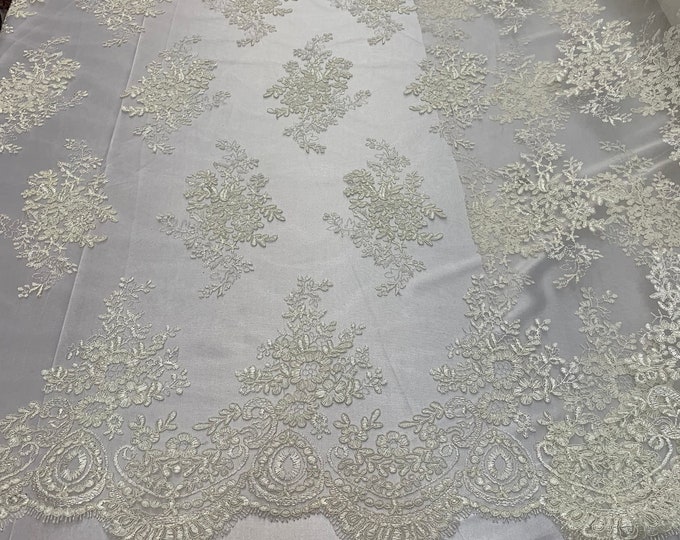 French Design Flower/Floral Mesh Lace (By The Yard)(Half Yard) Embroidery Lace Fabric (Ivory) For Tablecloths/ Runners/ Skirts/ Costumes