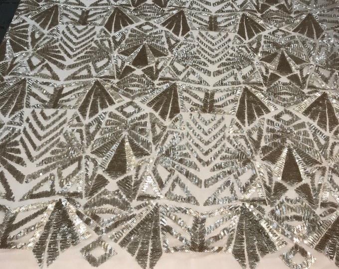 NEW Matt Gold Geometric Sequins 4 WAY Stretch ON A Mesh Lace Fabric By The Yard. For Dresses,Night Gowns,Top Fashion,Veil, Tablecloths