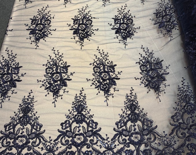 Hand Made Mesh Lace Embroidery Fabric By The Yard (Navy Blue) Flowers/Floral Lace Soft Mesh For Tablecloths, Runners, Skirts,Costumes, Decor