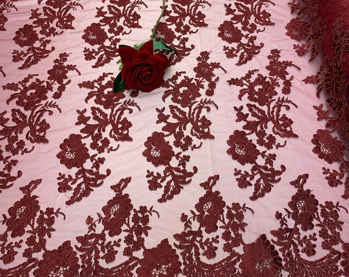 2 WAY Stretch FLOWERS/Mesh Lace Fabric By Yard/Burgundy Lace/ Embroidered Lace/Floral Lace/For Tablecloths/ Runners/Costumes/Dress/Skirts