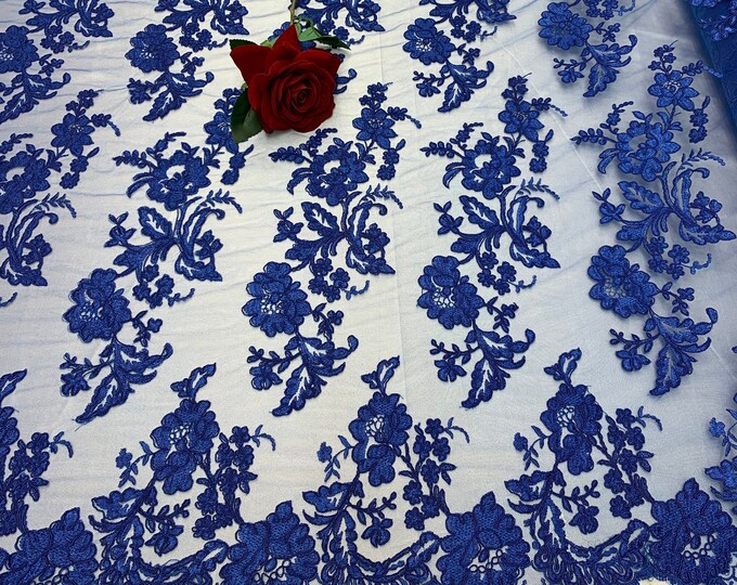 2 WAY Stretch FLOWERS/Mesh Lace Fabric By Yard/Royal Blue Lace/ Embroidered Lace/Floral Lace/For Tablecloths/ Runners/Costumes/Dress/Skirts