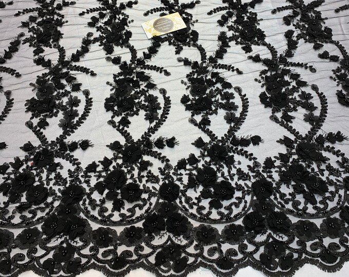 3D Flowers Hand Beaded (Black Color) Embroidered Fabric Mesh Lace By The Yard Floral Wedding Prom Dress/ Tablecloths/ Night Gowns/ Customs.