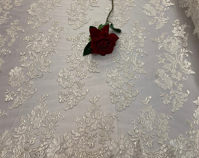 2 WAY Stretch FLOWERS/Mesh Lace Fabric By Yard/Ivory Lace/ Embroidered Lace/Floral Lace/For Tablecloths/ Runners/Costumes/Dress/Skirts