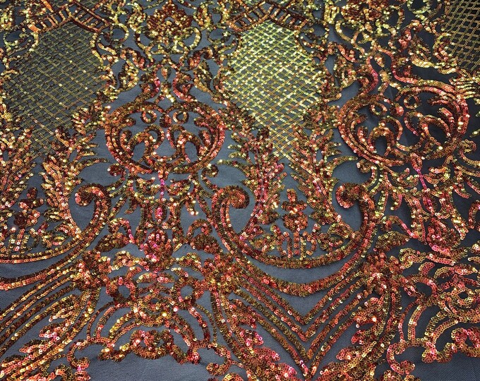 BY THE YARD/ Geometric Design Mesh Lace Fabric Sequins 4 Way Stretch On A Black Mesh/Iridescent Embroider (Orange) Prom/Gowns Dress