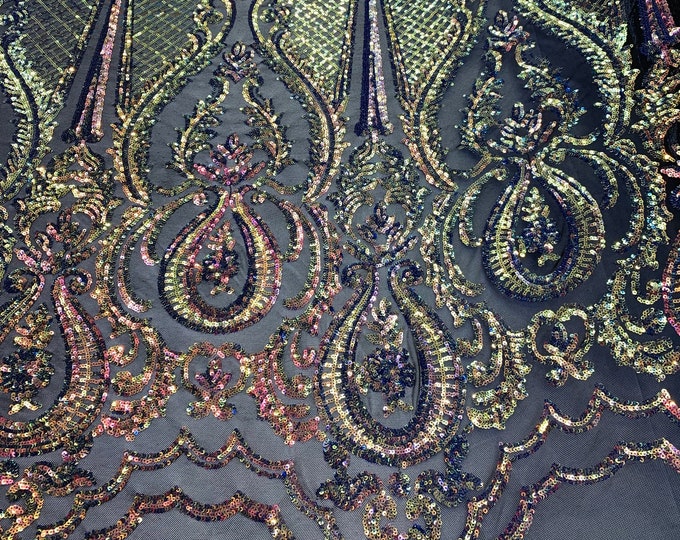 BY THE YARD/ Geometric Design Mesh Lace Fabric Sequins 4 Way Stretch On Black Mesh/Iridescent Embroider(Yellow, Blue, Pink)Prom/Gowns Dress