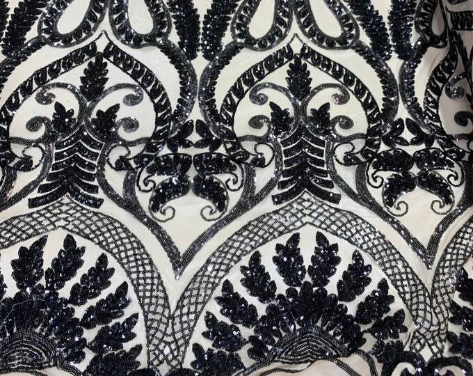 New Stretch SEQUIN FABRIC _ Black On Nude Mesh _ Geometric Embroidered Fabric_ 4 Way Stretch Spandex Fabric on Mesh Lace Fabric