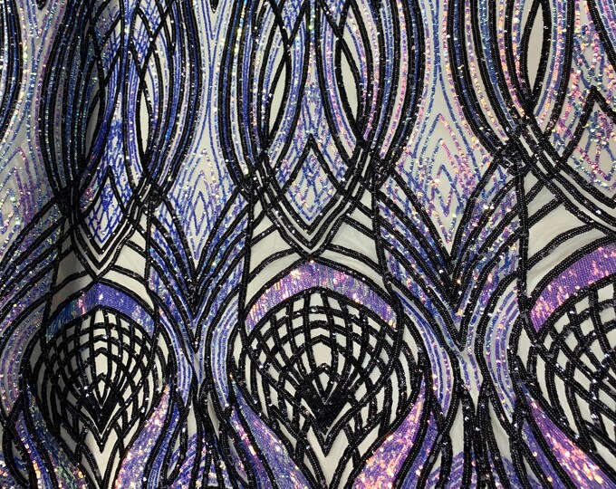 New Peacock_ STRETCH SEQUINS Fabric By The Yard_ Embroider 4 Way Stretch Iridescent (Purple,Lilac,Black) On (Nude) Power Mesh Lace Spandex