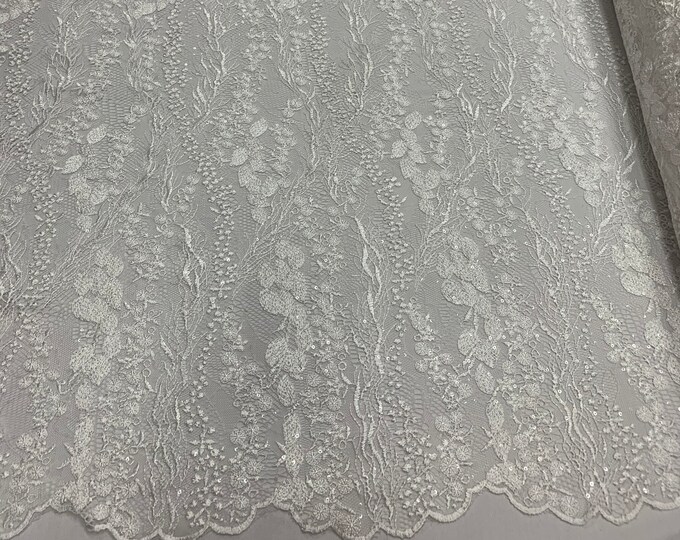 Wedding Dress Fabric (Ivory) Sold By The Yard_ Floral Flowers Mesh Lace Embroidery Fabric With Sequins Used for Dresses