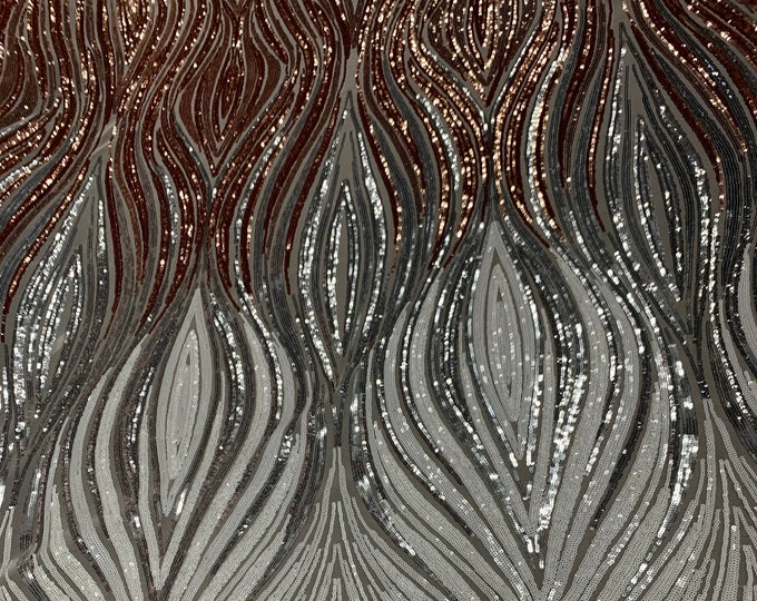 Elegant Wavy Sequins_ Embroidery 4 Way STRETCH SEQUINS Geometric Lace Fabric On Spandex White Mesh By The Yard. (White, Silver, Rose Gold)
