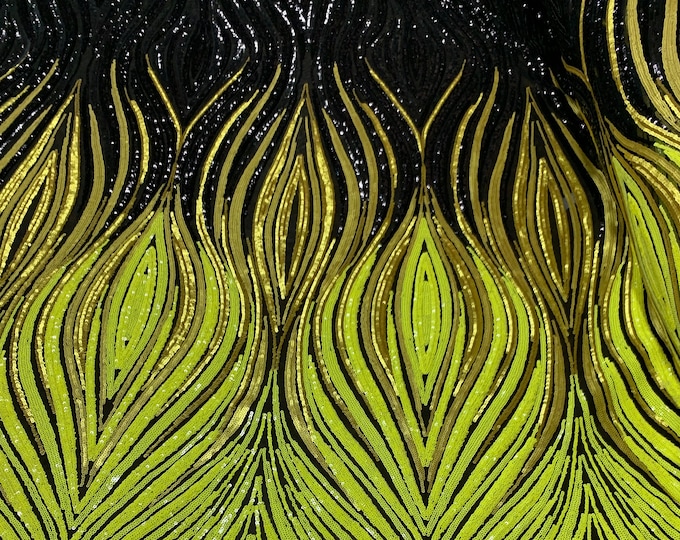 Elegant Wavy Sequins_ Embroidery 4 Way STRETCH SEQUINS Geometric Lace Fabric On Spandex Black Mesh By The Yard. (Neon Yellow,Gold,Navy Blue)