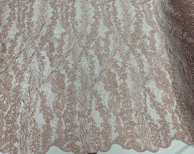 Wedding Dress Fabric (Dusty Rose) Sold By The Yard_ Floral Flowers Mesh Lace Embroidery Fabric With Sequins Used for Dresses