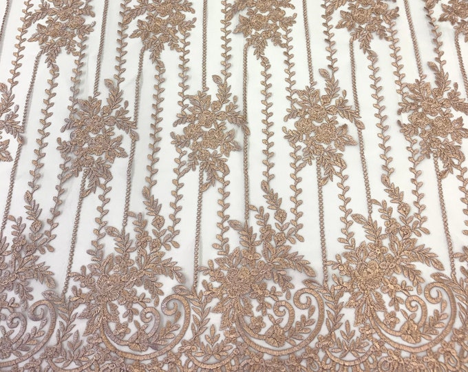 Rose Gold Lace Fabric By The Yard _"54 Inches Width _ Embroidered Fabric_ Floral Fabric_ Corded Flowers Lace For Wedding Dress, Tablecloths