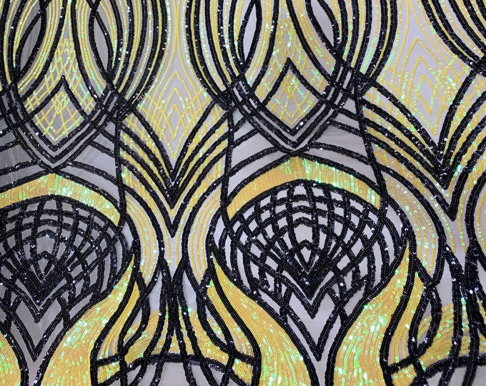 New Peacock_ STRETCH SEQUINS Fabric By The Yard_ Embroider 4 Way Stretch Sequin Iridescent Fabric (Yellow,Black) On (Nude) Power Mesh Lace