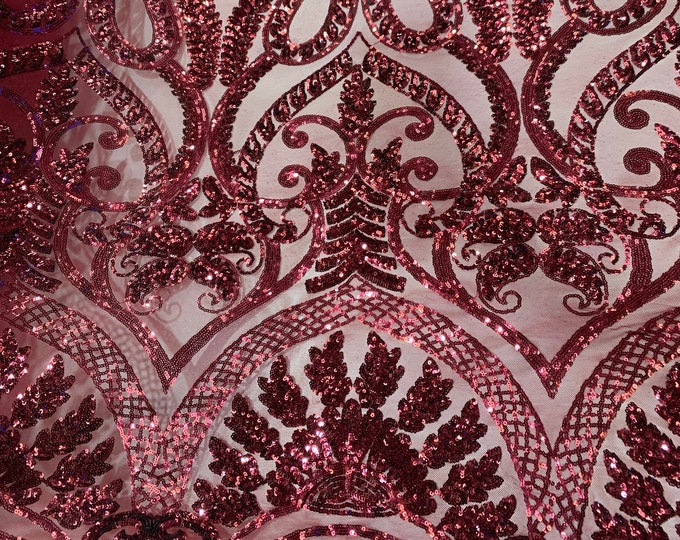 New Stretch SEQUIN FABRIC _ Burgundy _ Geometric Embroidered Fabric_ 4 Way Stretch Spandex Fabric on Mesh Lace Fabric