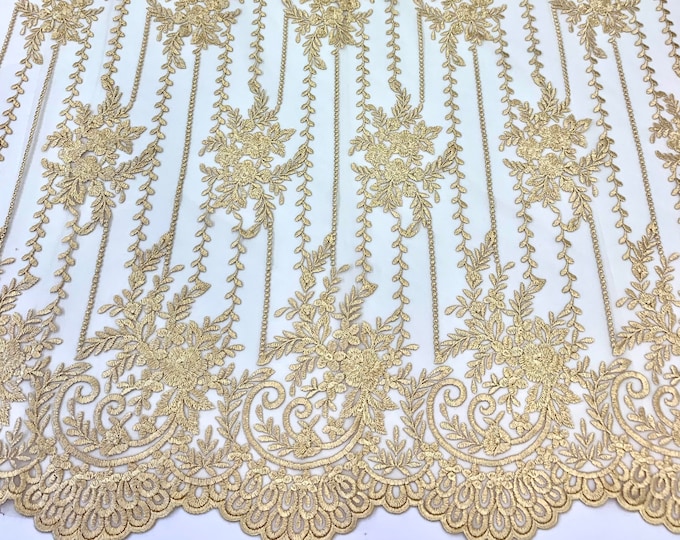 Gold Lace Fabric By The Yard _"54 Width _ Corded Flowers Mesh Fabric_ Embroidered Fabric_ Floral Fabric_ Wedding Dress, Tablecloths