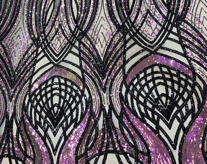 New Peacock_ STRETCH SEQUINS Fabric By The Yard_  Embroider 4 Way Stretch (Purple,Lavender, Black) On (Nude) Power Mesh Lace Spandex.