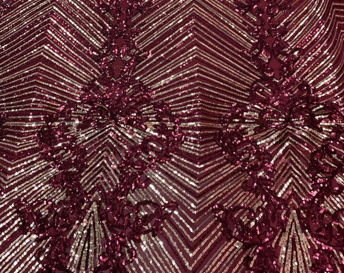 Burgundy- Embroidered Fabric- 4 Way Stretch SEQUIN FABRIC  By The Yard _ Spandex Fabric- Mesh Sequin Fabric_ Lace Fabric