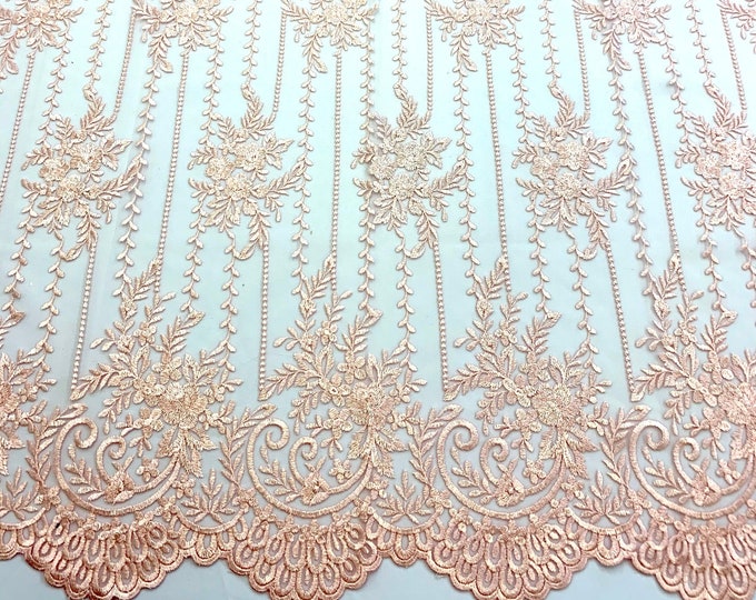 Baby Pink Lace Fabric By The Yard _"54 Inches Width _ Embroidered Fabric_ Floral Fabric_ Corded Flowers Lace For Wedding Dress, Tablecloths