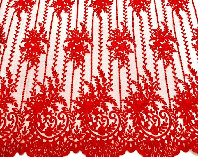 Red Lace Fabric By The Yard _"54 Width _ Corded Flowers Mesh Fabric_ Embroidered Fabric_ Floral Fabric_ Wedding Dress, Tablecloths