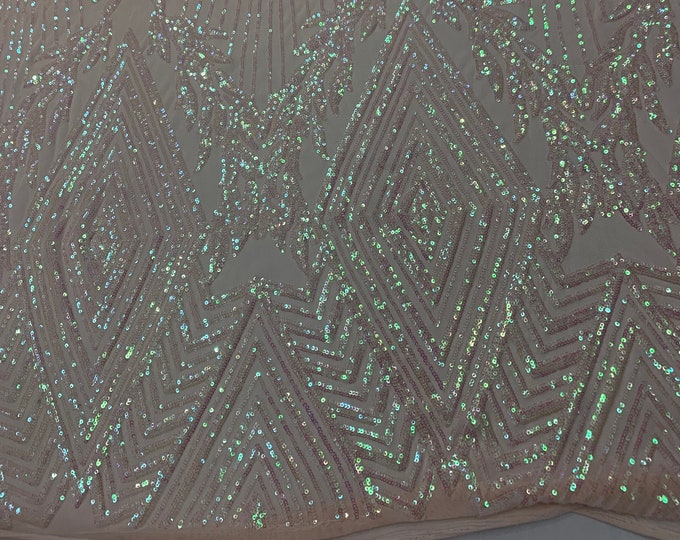 New Sequin Fabric - White, Pink Iridescent Fabric - 4 Way Stretch Sequin Lace Fabric- Pink Mesh Nylon Spandex Fabric By The Yard