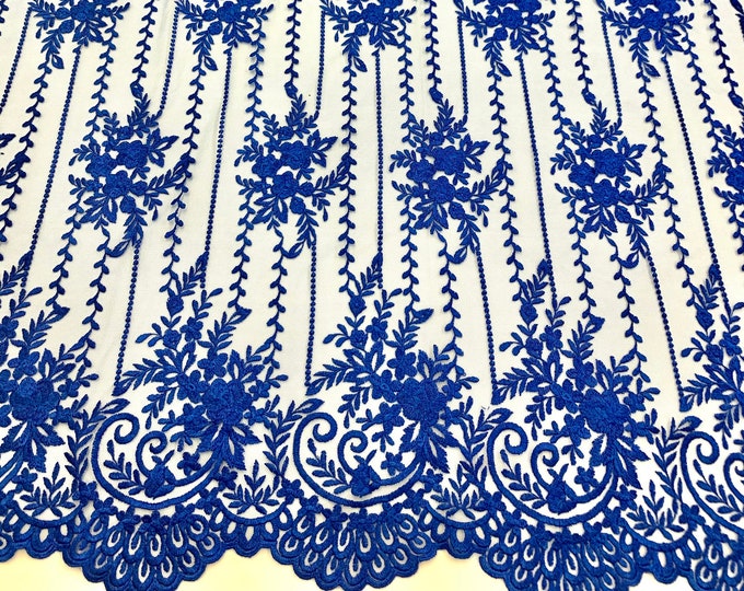 Royal Blue Lace Fabric By The Yard _"54 Inches Width _ Embroidered Fabric_ Floral Fabric_ Corded Flowers Lace For Wedding Dress, Tablecloths