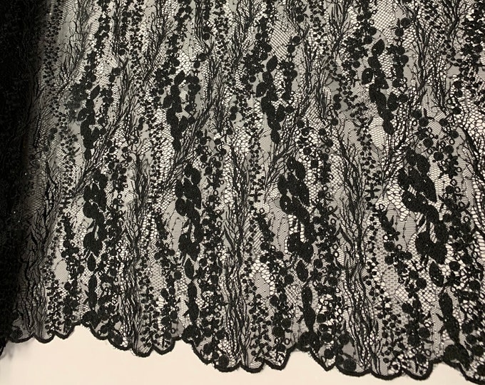 Wedding Dress Fabric (Black) Sold By The Yard_ Floral Flowers Mesh Lace Embroidery Fabric With Sequins Used for Dresses