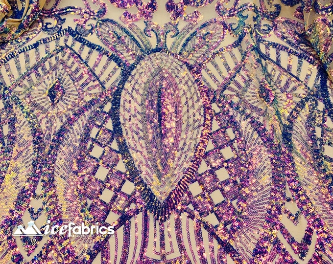 New Purple Iridescent Sequin Fabric By The Yard/ 4 Way Stretch Sequin Fabric/ Embroidered Fabric/Sequins Lace Fabric/On Nude Mesh Fabric